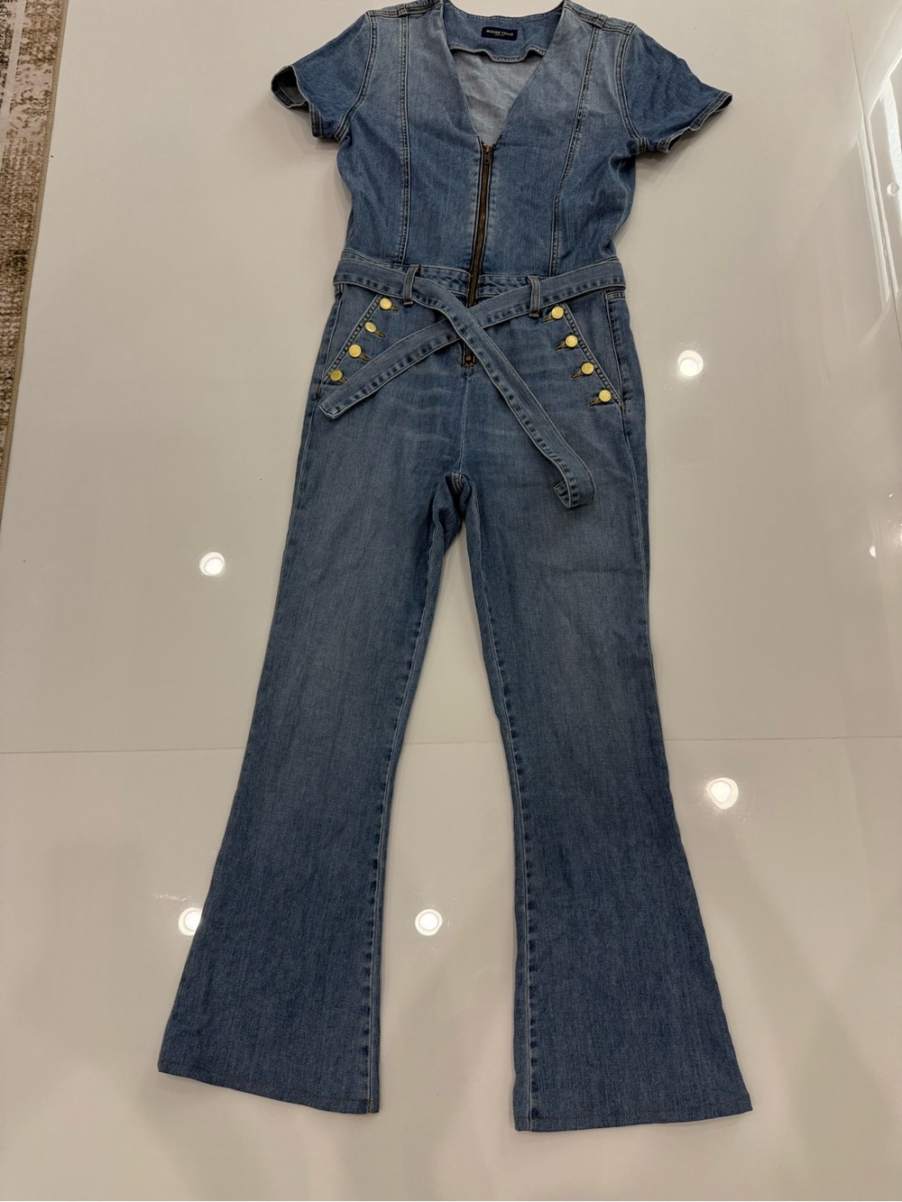 Ramy Brook Medium Blue Denim Short-Sleeve Jumpsuit with Belt